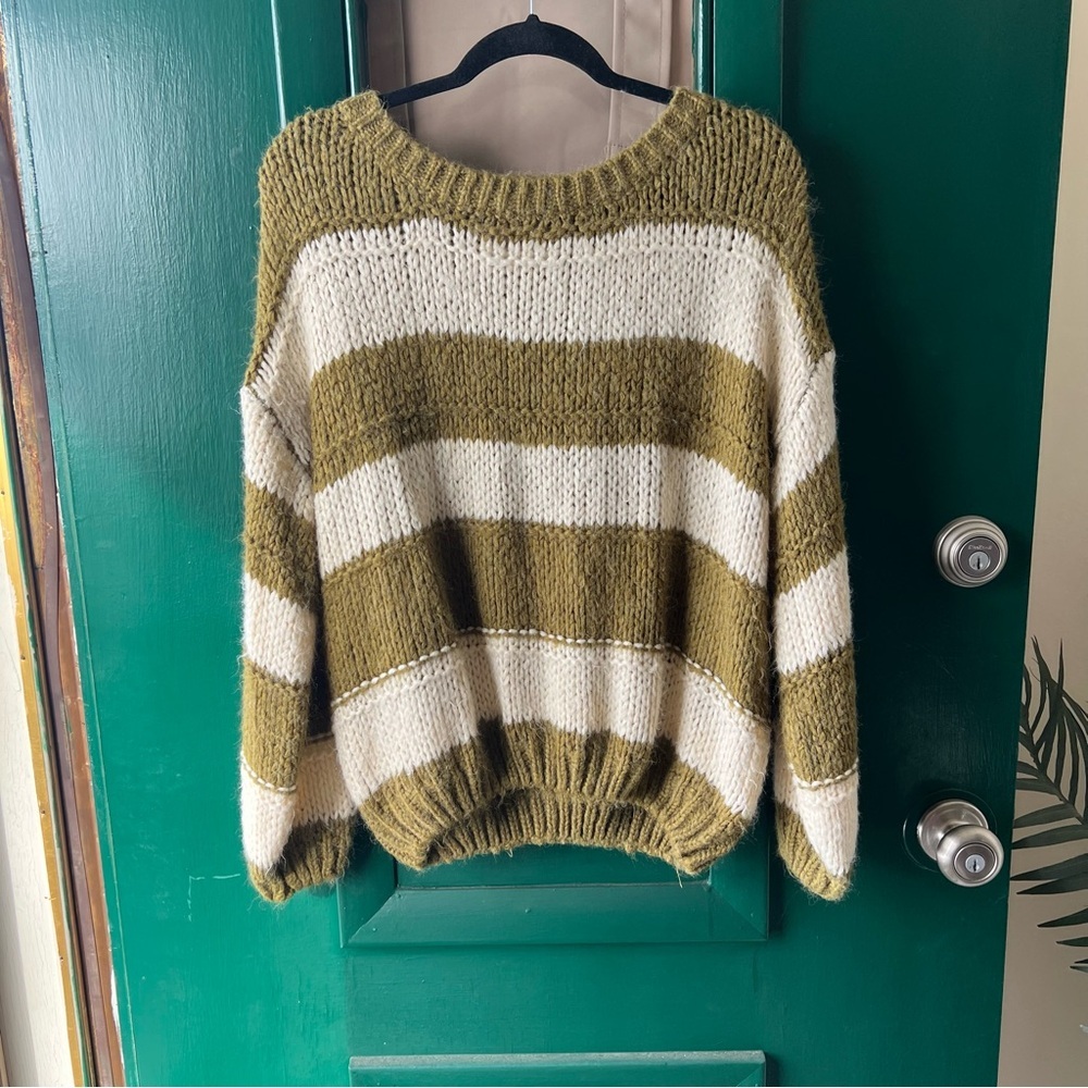 Neutral Ground Cozy Olive and Cream Striped Women's Sweater
